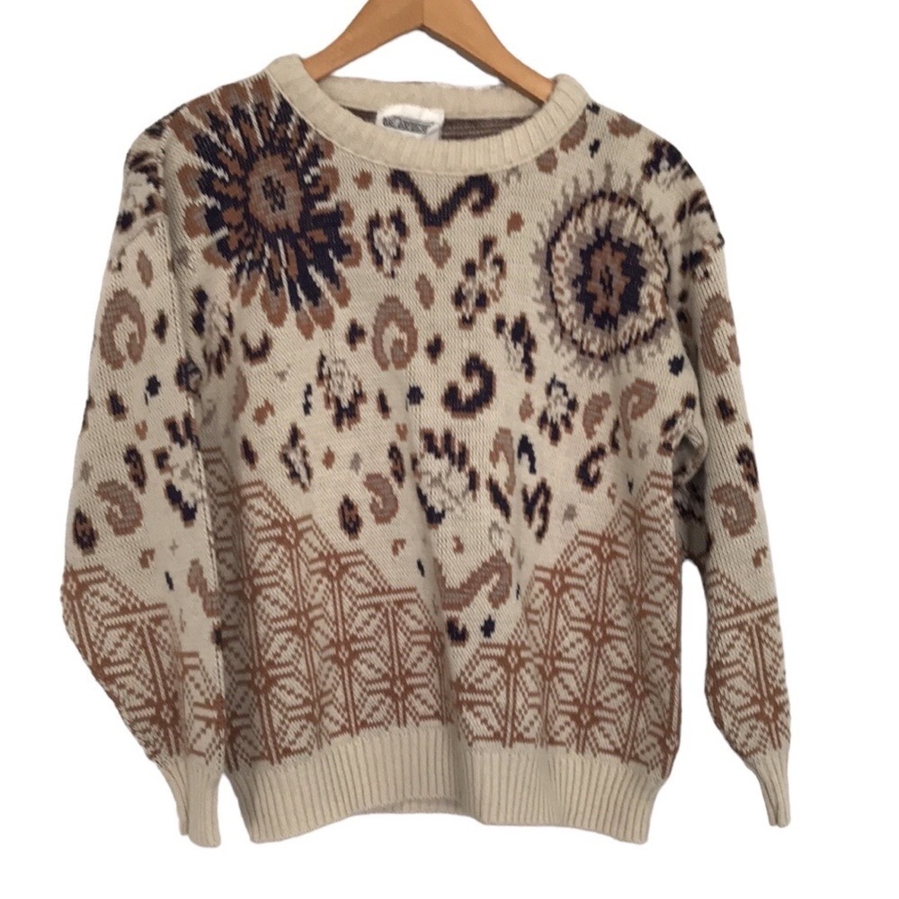 Vintage 19th Avenue crewneck cream tan blue print knit sweater size medium